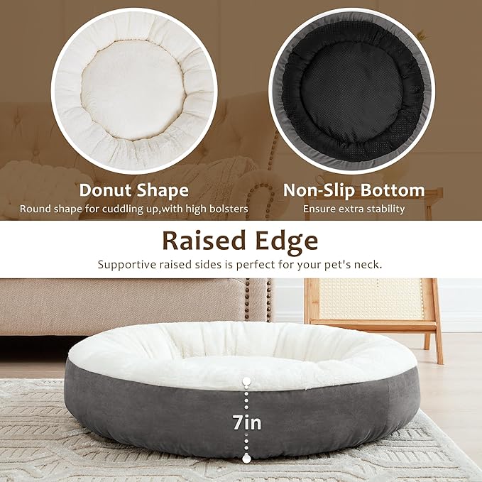 Love's cabin Round Donut Cat and Dog Cushion Bed, 30in Pet Bed for Medium or Large Dogs, Anti-Slip & Water-Resistant Bottom, Soft Durable Fabric Pet beds, Washable Calming Cat & Dog Bed Dark Grey