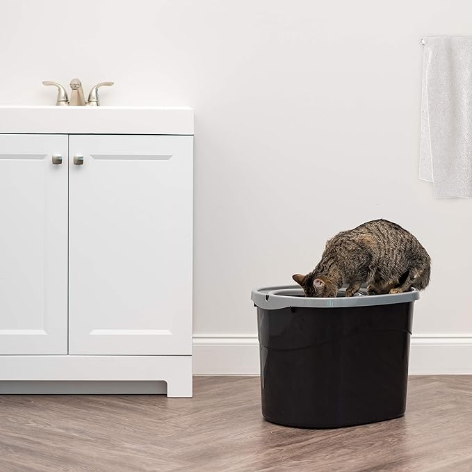 IRIS USA Oval Top Entry Cat Litter Box with Scoop, Kitty Litter Box, Cat Litter Box Enclosure, Large, Black/Gray