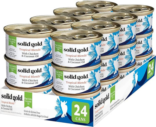 Solid Gold Wet Cat Food Pate for Adult & Senior Cats - Real Chicken & Coconut Oil - High Protein Grain Free Wet Cat Food for Healthy Digestion, Skin, Coat & Sensitive Stomach - 3oz (24 Count)