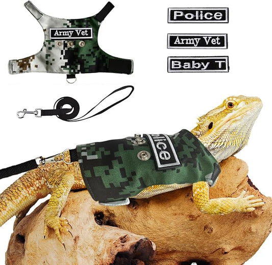 Bearded Dragon Harness and Leash Set - Adjustable Lizard Harness with Replaceable Patch Outdoor Traction Rope Walking Training Leash Reptile Halloween Costume Accessories for Small Pets (Green)