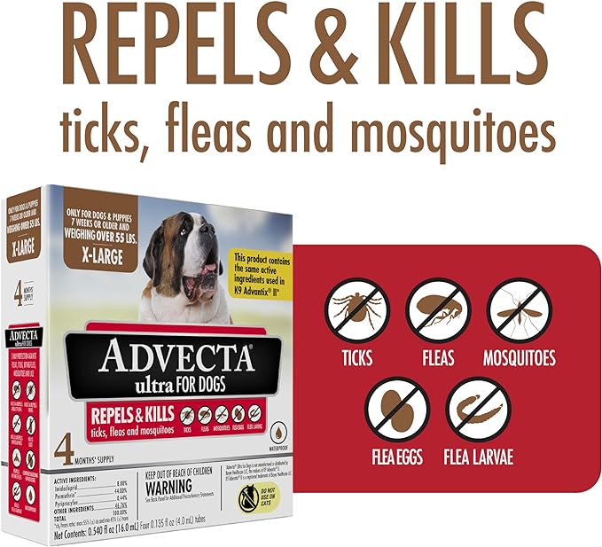 Ultra Flea And Tick Prevention For Dogs - Dog and Puppy Treatment and Control - Mosquito Repellent - XL, Fast Acting Waterproof Topical Drops, 4 Month Supply
