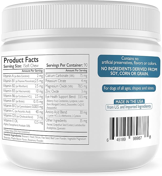 Eye Care for Dogs Daily Vision Supplement with Lutein, Zeaxanthin, Astaxanthin, CoQ10, Bilberry Antioxidants, Vitamin C, Vitamin E Support for Dog Eye Problems, 90 Soft Chews