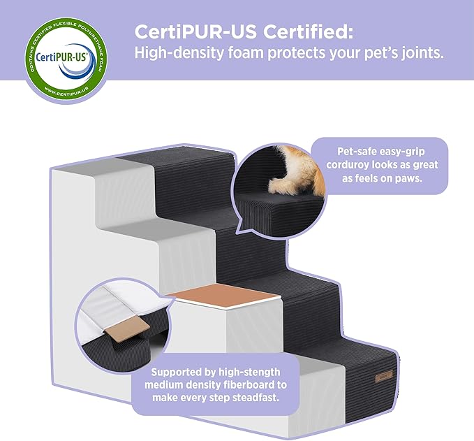 Lesure Dog Stairs for Small Dogs - Pet Stairs for Beds and Couch, Folding Pet Steps with CertiPUR-US Certified Foam for Cat and Doggy, Non-Slip Bottom Dog Steps, Black, 3 Steps