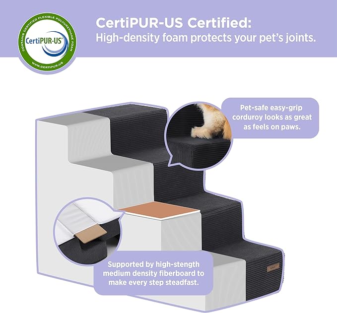 Lesure Dog Stairs for Small Dogs - Pet Stairs for Beds and Couch, Folding Pet Steps with CertiPUR-US Certified Foam for Cat and Doggy, Non-Slip Bottom Dog Steps, Black, 5 Steps