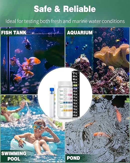 Pawfly 6 in 1 Aquarium Test Strips, 100 Strips Fish Tank Testing Strips for pH Chlorine Nitrate Nitrite Carbonate and Hardness Water Quality Freshwater Saltwater Test Kits