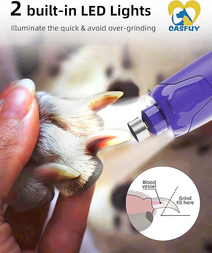 Casfuy Dog Nail Grinder Quiet - (45db) 6-Speed Pet Nail Grinder with 2 LED Lights for Large Medium Small Puppy Dogs/Cats, Professional 3 Ports Rechargeable Electric Dog Nail Trimmer with Dust Cap