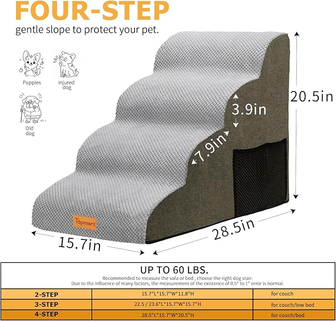 Topmart 4 Tiers Foam Dog Stairs/Steps for Small Dogs,Non-Slip Dog Ramp with Waterproof Cover,High Density Foam Pet Stairs/Ladder,Best for Dogs Injured,Older Cats,Pets with Joint Pain,20.5”H