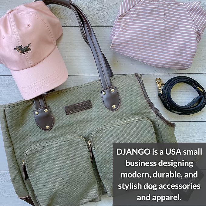 DJANGO Dog Carrier Bag - Waxed Canvas and Leather Soft-Sided Pet Travel Tote with Bag-to-Harness Safety Tether & Secure Zipper Pockets (Medium, Olive Green)