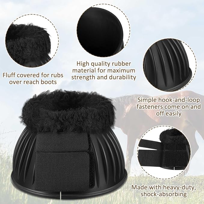 Abbylike 1 Pair Horse Bell Boots Protect Against Hoof Impact Trauma Rubber Bell Boots for Horses Black Horse Boots Horse Care Boots for Turnout No Rub Design Comfort Quick Wrap Hook and Loop