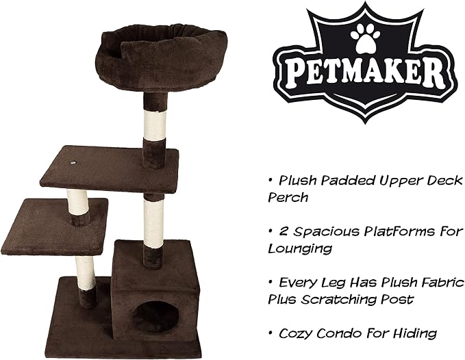 4-Tier Cat Tower - 3 Napping Perches, Cat Condo, 4 Sisal Rope Scratching Posts – Cat Tree for Indoor Cats or Multiple Cat Homes by PETMAKER (Brown)