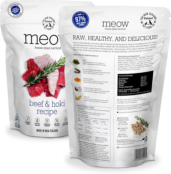 Meow Beef & Hoki Freeze Dried Raw Cat Food, Mixer, or Topper, or Treat - High Protein, Natural, Limited Ingredient Recipe 9.9 oz