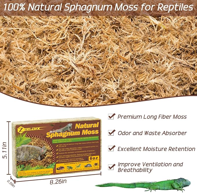 ZeeDix 6OZ Sphagnum Moss for Reptiles, 8QT Premium Dried Moss for Terrarium Long Fibered Leopard Gecko Moss Natural Sphagnum Peat Moss Bedding for Frogs Anoles Snake Turtle Plants