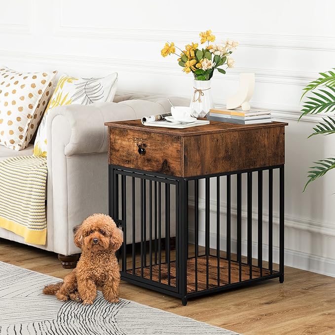 HOOBRO Dog Crate Furniture, Wooden Dog House, Decorative Dog Kennel with Drawer, Indoor Pet Crate End Table for Small Dog, Steel-Tube Dog Cage, Chew-Proof, Rustic Brown and Black BF01GW03