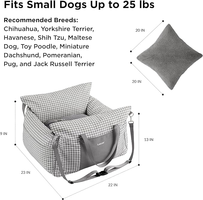 Lesure Small Dog Car Seat for Small Dogs - Waterproof Dog Booster Seat for Car with Storage Pockets and Clip-On Safety Leash and Thickened Memory Foam Filling, Pet Travel Carrier Bed Grey Houndstooth