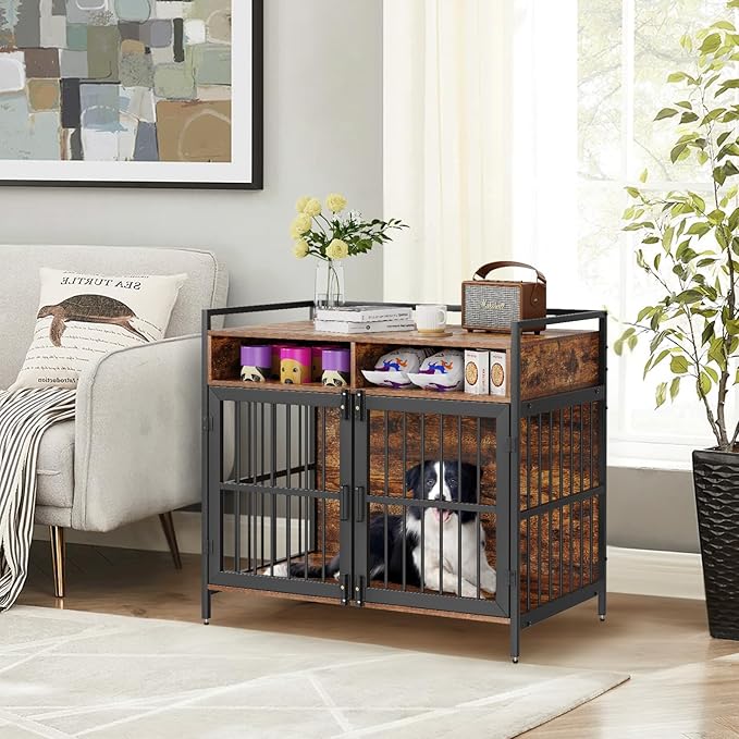 VEVOR Furniture Style Dog Crate with Storage, 41 inch Dog Crate Furniture Large Breed with Double Doors, Wooden Dog Cage for Large/Medium Dog Indoor, Hold up to 70 lbs, Rustic Brown