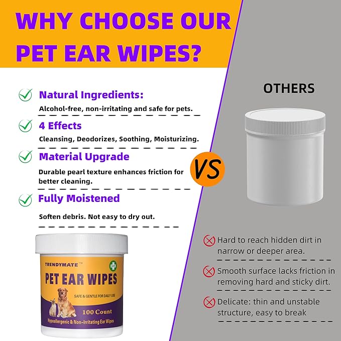 Pet Ear Wipes for Dogs & Cats | Gently Remove Ear Wax, Debris | Sooths & Deodorizes - Relieve Ear Itching & Inflammation, All Natural Ingredients | 100 Count