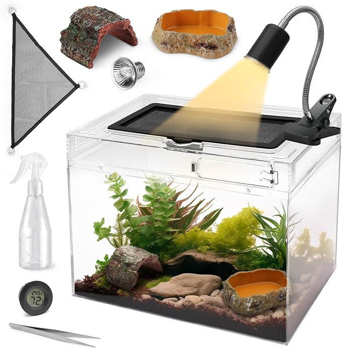 Reptile Terrarium, Reptile Tank 15.6" x 8"x 10" Amphibian Tank Starter Kit with Bearded Dragon Hammock, Heat Lamp, Hide Cave for Geckos Lizard Mantis Spider Cricket Chameleons Snake Turtle Frog