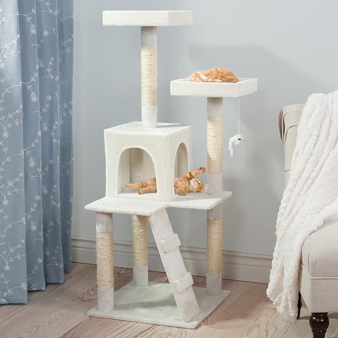 Cat Tree - 4-Tier Cat Tower for Indoor Cats with Perches, Kitty Condo, 5 Cat Scratching Posts, Hanging Toy, and 2-Step Ladder by PETMAKER (White)