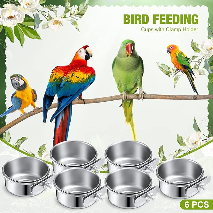 Sabary 6 Pieces Stainless Steel Pet Feeder Water Bowl 10 oz Bird Parrot Feeders Water Cage Bowls with Holder Bird Feeding Dish Cups for Bird Parrot Cockatiel Small Animal