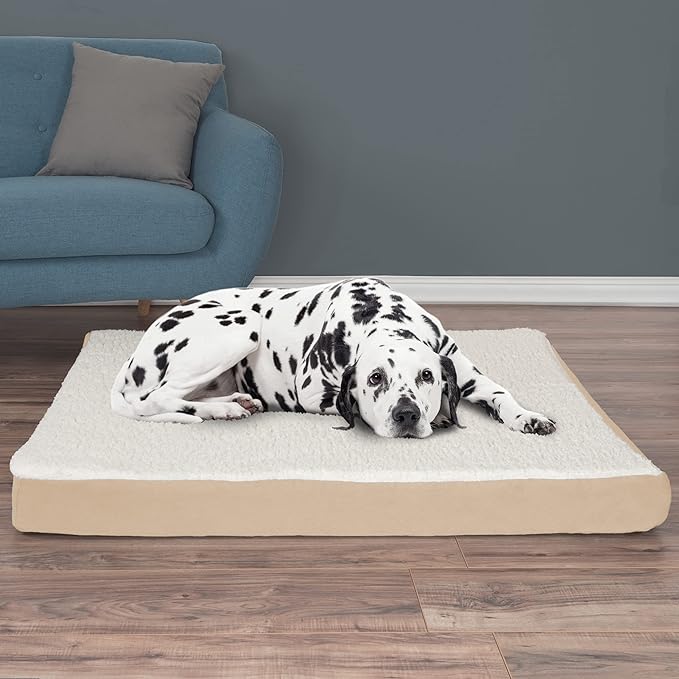 PETMAKER Orthopedic Dog Bed - 2-Layer Memory Foam Crate Mat with Machine Washable Sherpa Cover - 44x35 Pet Bed for Large Dogs up to 100lbs (Tan)