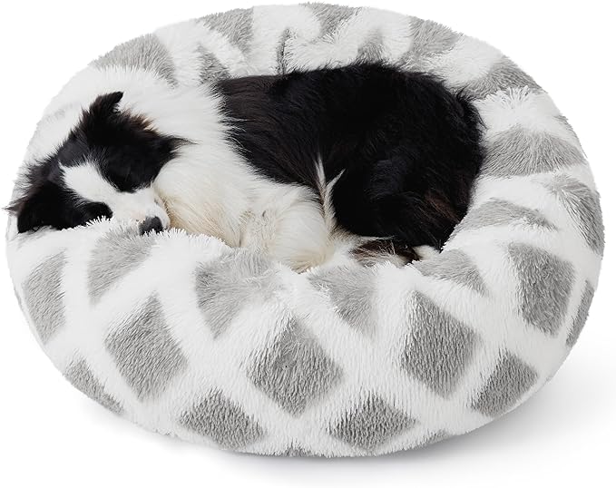 Bedsure Calming Dog Bed for Large Dogs - Donut Washable Large Pet Bed, 36 inches Anti-Slip Round Fluffy Plush Faux Fur Dog Bed, Fits up to 100 lbs Pets, Diamond Grey