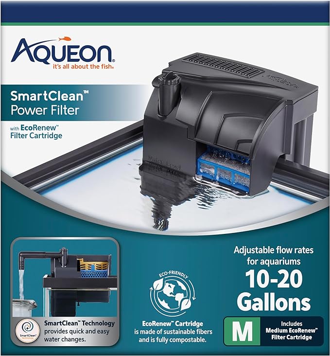 Aqueon Aquarium Fish Tank SmartClean Power Filter with EcoRenew Filter Cartridge, 10-20 Gallons