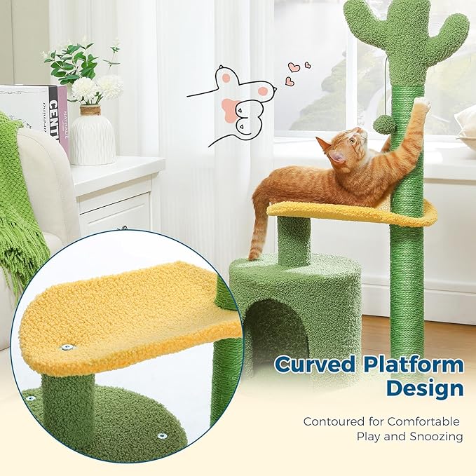 Made4Pets Cat Tree, Cactus Cat tower Cat Tree Tower 36.5 Inches with Sisal Scratching Posts for Indoor Cats, Cozy Cat Condo House, Plush Perch and Fluffy Ball for Small Cats Kittens