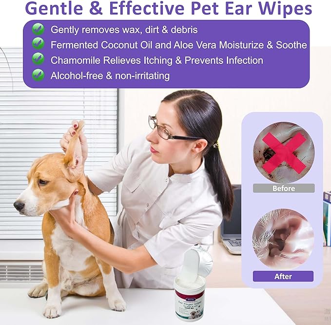 Dog Ear Wipes for Dogs & Cats, Pet ear cleaner wipes - Gently Remove Ear Wax, Debris - Sooths & Deodorizes - Relieve Ear Itching & Inflammation, Fresh Coconut Scent, All Natural - 60 Count