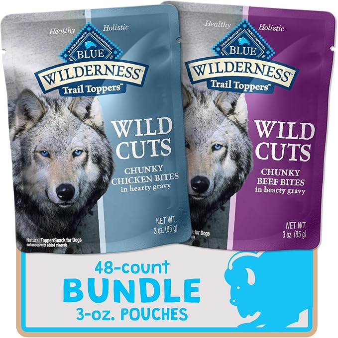 Blue Buffalo Wilderness Trail Toppers Wild Cuts High Protein, Natural Wet Dog Food, Chicken and Beef Bites, 3-oz Pouch, (48 Count- 24 of Each Flavor)