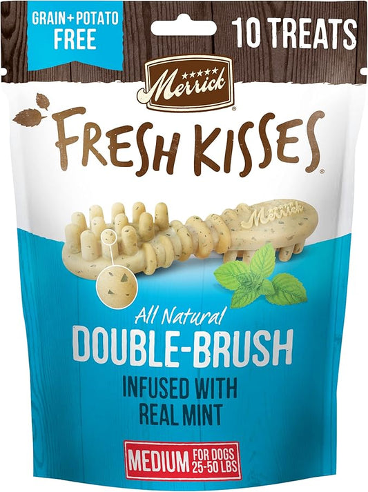 Merrick Fresh Kisses Natural Dental Chews Toothbrush Shape Treat Infused with Real Mint Medium Dogs - 10 Ct. Bag