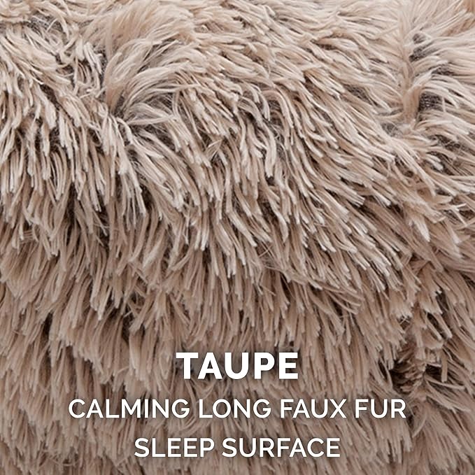 Furhaven 30" Round Calming Donut Dog Bed for Medium/Small Dogs, Refillable w/ Removable Washable Cover, For Dogs Up to 45 lbs - Shaggy Plush Long Faux Fur Donut Bed - Taupe, Medium