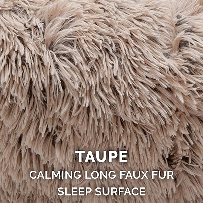 Furhaven 23" Round Calming Donut Dog Bed for Indoor Cats & Small Dogs, Washable, For Dogs Up to 20 lbs - Shaggy Plush Long Faux Fur Donut Bed - Taupe, Small, 23.0"L x 23.0"W x 9.0"Th