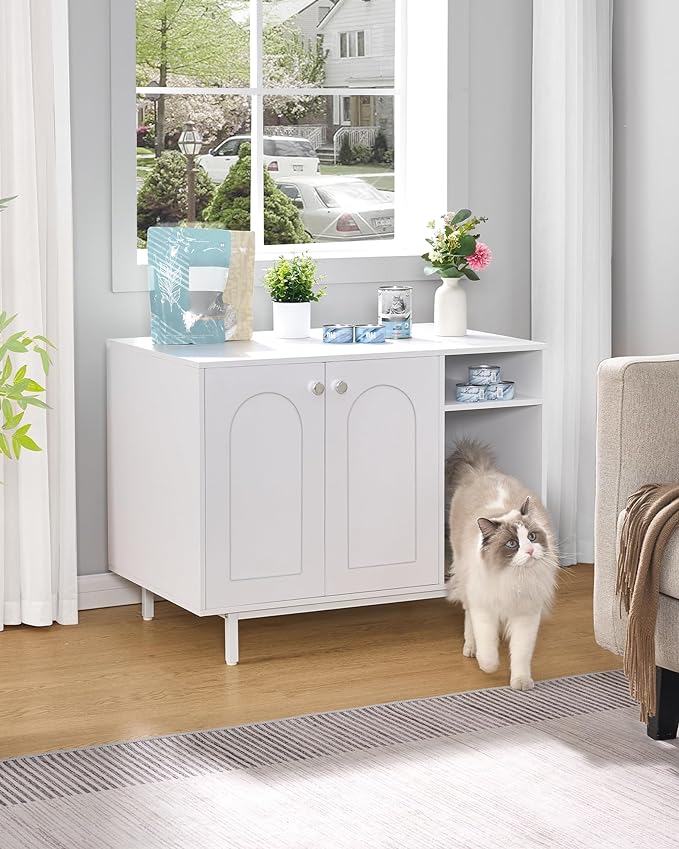 Cat Litter Box Enclosure, Hidden Litter Box Furniture, Wooden Pet House Side End Table, Storage Cabinet Bench for Living Room, Bedroom, 31.5 x 19.7 x 23.9 inches, White CB01513W