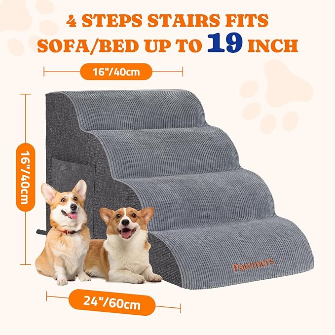 Dog Stairs for Small Dogs: Pawtners 4 Steps 16" Tall Dog Ramp for Bed, Foam Pet Stairs for Large Cat and Medium Dogs, Dog Steps for Dogs to Get on Bed for Couch Sofa Bed Grey