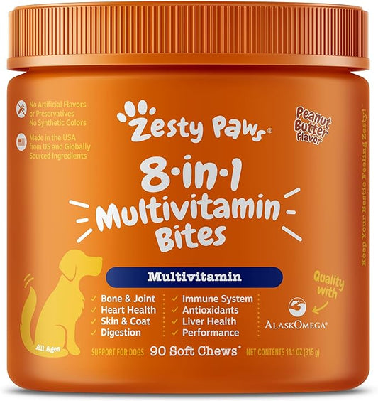 Zesty Paws Multivitamin Treats for Dogs - Glucosamine Chondroitin for Joint Support + Digestive Enzymes & Probiotics - Grain Free Vitamin for Skin & Coat + Immune Health - Peanut Butter Flavor - 90ct