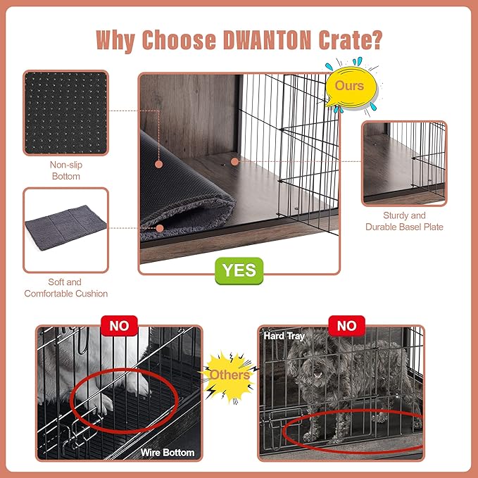 DWANTON Dog Crate Furniture with Cushion, Wooden Crate with Double Doors, Dog Kennel Indoor for Small/Medium/Large Dog, End Table, Small, 27.2" L, Dark Grey