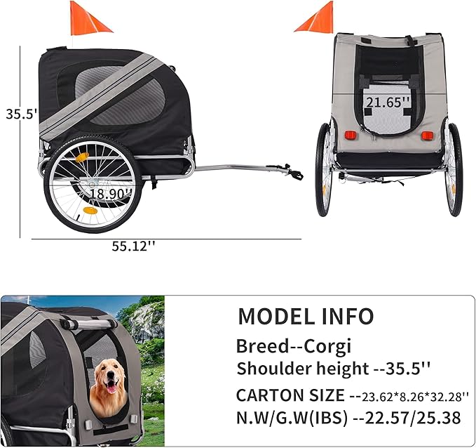 Bike Dog Trailer Folding Cart Frame with 3 Entrances Safety Flag 8 Reflectors, 20" Rear Wheels, Quick Conversion Bicycle Carrier for Medium Small Pets