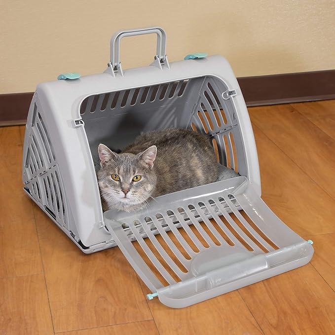 SportPet Designs Sport Pet Foldable Travel Cat Carrier with A Waterproof Bed - Front Door Plastic Collapsible Carrier, Gray (CM-10064-CS01)