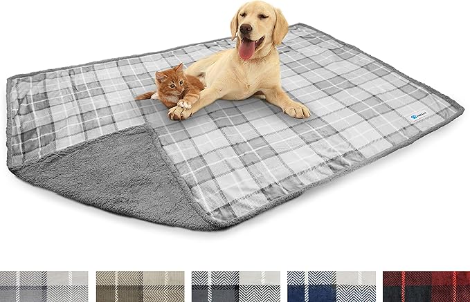 PetAmi WATERPROOF Dog Blanket for Bed, XL Dog Pet Blanket Couch Cover Protection, Sherpa Fleece Leakproof Bed Blanket for Crate Kennel Sofa Furniture Protector, Reversible Soft 80x60 Plaid Light Gray