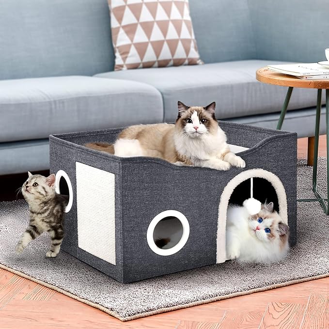 Heeyoo Cat House for Indoor Cats - Large Cat Bed Cave with Fluffy Ball and Scratch Pad, Foldable Cat Houses & Condos, Cat Cubes, Cat Hideaway, Covered Cat Bed for Multi Small Pet Large Kitty