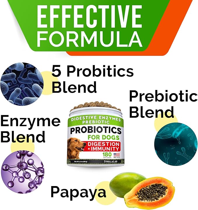 StrellaLab Dog Probiotics Treats for Picky Eaters (180ct) - Digestive Enzymes + Prebiotics - Chewable Fiber Supplement - Allergy, Diarrhea, Gas, Constipation, Upset Stomach Relief - Digestion&Immunity