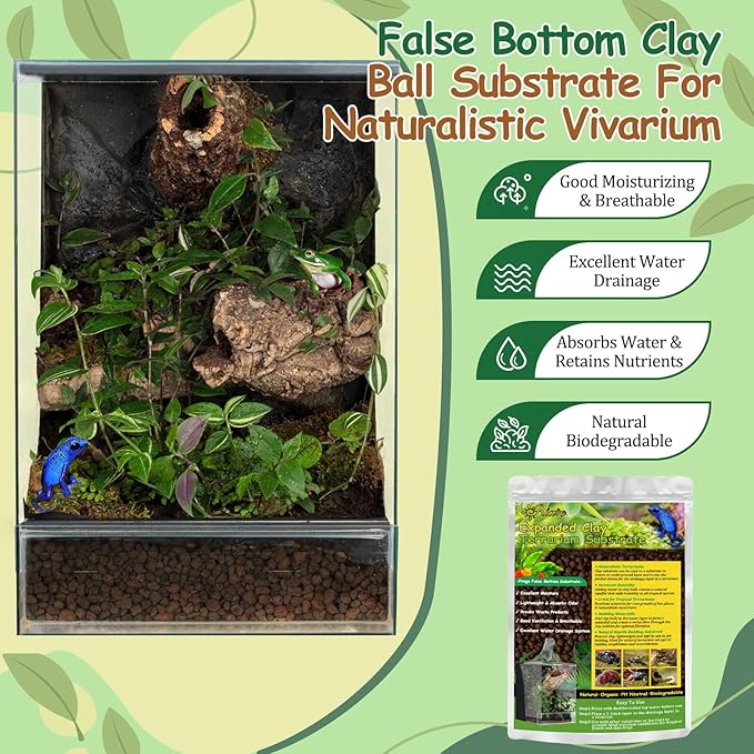 4LBS Expanded Clay Balls Terrarium Substrate for Reptiles - 100% Organic Lightweight Clay Pebbles Substrate Frogs False Bottom Substrate, Bioactive Terrarium Substrate for Drainage and Moisture