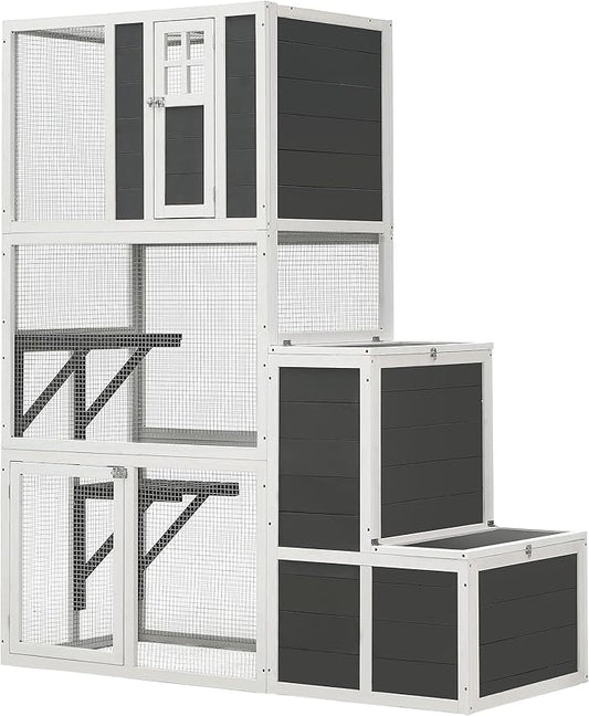 71 Inch Large Wooden Catio Outdoor & Indoor Cat Enclosure, 3-Tier Luxury Pet-House with Resting Box & Jumping Platforms, Kitty Condo Shelter for Play and Resting