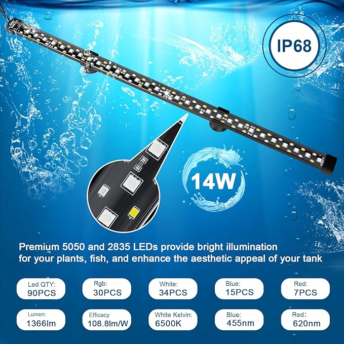 hygger 24/7 Mode Submersible Aquarium LED Light, Full Spectrum Hidden Fish Tank Light with 3 Rows Beads 7 Colors Auto On Off Sunrise-Daylight-Moonlight, Adjustable Timer Brightness (23.6in 14W)