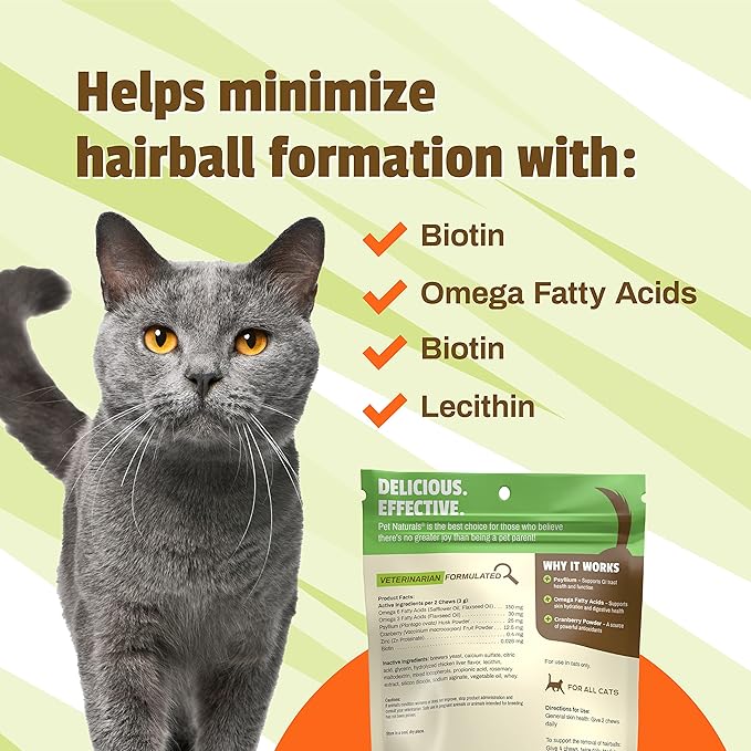 Pet Naturals Hairball for Cats with Omega 3, Chicken Flavor, 160 Chews - Can Help Eliminate Hairballs and Manage Excess Shedding - No Corn or Wheat