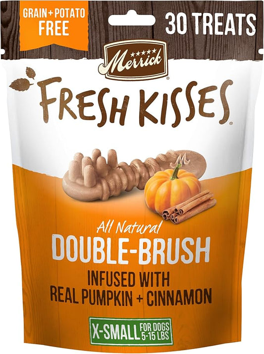 Merrick Fresh Kisses Natural Dental Chews, Treats Infused with Pumpkin and Cinnamon for Tiny Dogs 5-15 Lbs - 9 oz. Pouch