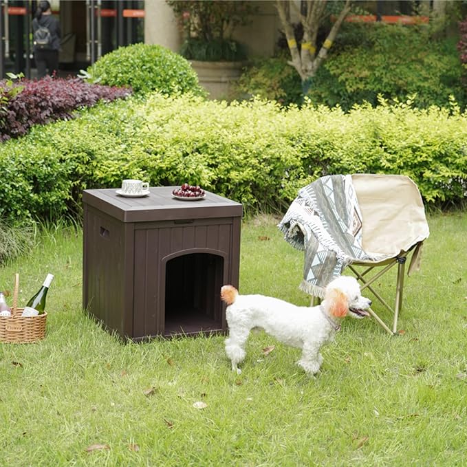 22" Dog House Outdoor with Flip Lid, Small Dog House Indoor Outdoor Weatherproof, Plastic Doghouse for Medium Dogs Outside, Durable Resin Plastic, 220 lbs Top Capacity & Elevated Floor, Brown