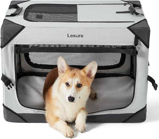 Lesure Collapsible Dog Crate - Portable Dog Travel Crate Kennel for Medium Dog, 4-Door Pet Crate with Durable Mesh Windows, Indoor & Outdoor (Light Gray)