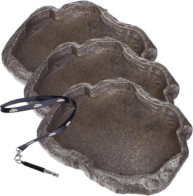 Terrarium Bowls, Medium/Black, Reptile Rock Food Water Dish with Moofin SS Pet Training Whistle, Durable Reptile Bowl, Easy to Clean, Naturalistic Design for Reptile Habitats~ [Pack of 3]