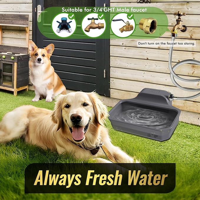 135OZ Automatic Water Dispenser for Large Dogs Patented Fit 3/4in GHT Male Faucet, Outdoor Animal Water Bowl Include Water Valve, 5ft Water Hose, Copper Connector, Extra-Large Drinking Area